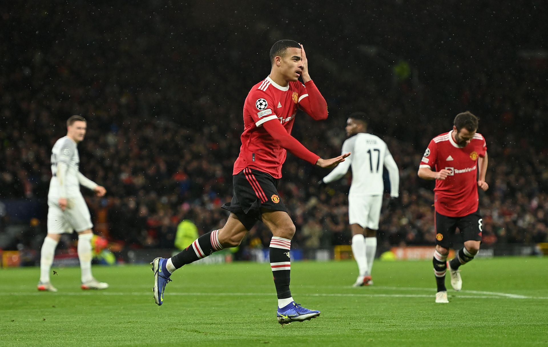 Manchester United's Mason Greenwood celebrates after netting a goal.